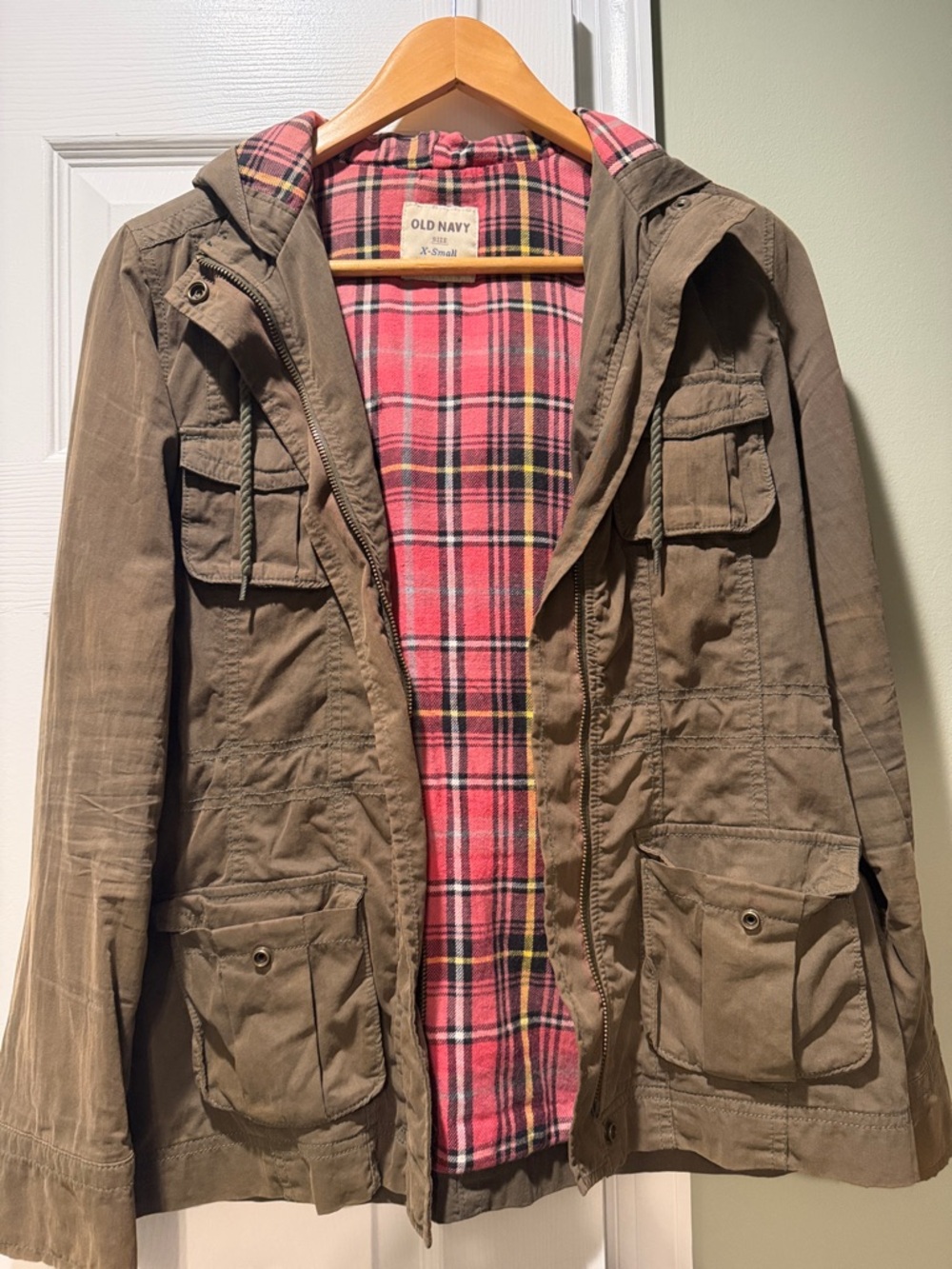 Old Navy Olive Hooded Jacket with Red Plaid Lining